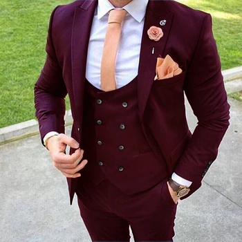 Viimane Sobivat Tipp Rinnamikrofon Burgundia Meeste Ülikonnad 2023 Slim Fit Peigmehe Smoking 3 Töö Meeste Pintsak+Püksid+Vest Kostüüm Homme Mariage