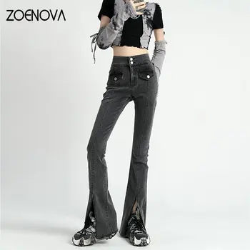 ZOENOVA Lady Fashion 2023 Kevadel Kõrge Waisted Teksad Naiste Sirge täispikk korea Micro Põletatud Lai Jalg Püksid Must Sinine