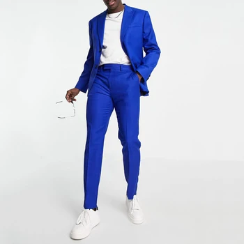 Kuninglik Sinine Meeste Ülikond 2023 Tipp Rinnamikrofon Kahe Nööbiga Kitsa Vabaaja 2 Tükki Groomsmen Pulmapidu Ülikonna Pintsak Püksid Kostüüm Homme
