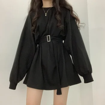 HOUZHOU Vintage Harajuku Must Pikk Varrukas Lühike Kleit Naiste korea Fashion Lahti Kleidid Põhjuslik Streetwear Esteetiline Ülegabariidiliste
